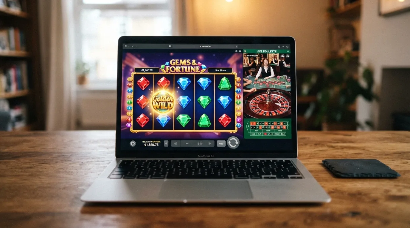 Interfaz de casino online con tragaperras populares y una mesa de ruleta en vivo en segundo plano