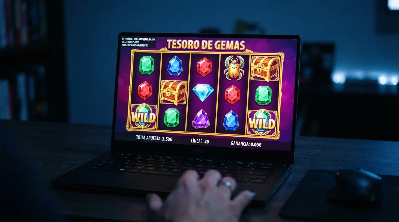 Vista de una tragaperra online en modo demo con los carretes girando y el RTP visible en la pantalla de información del juego