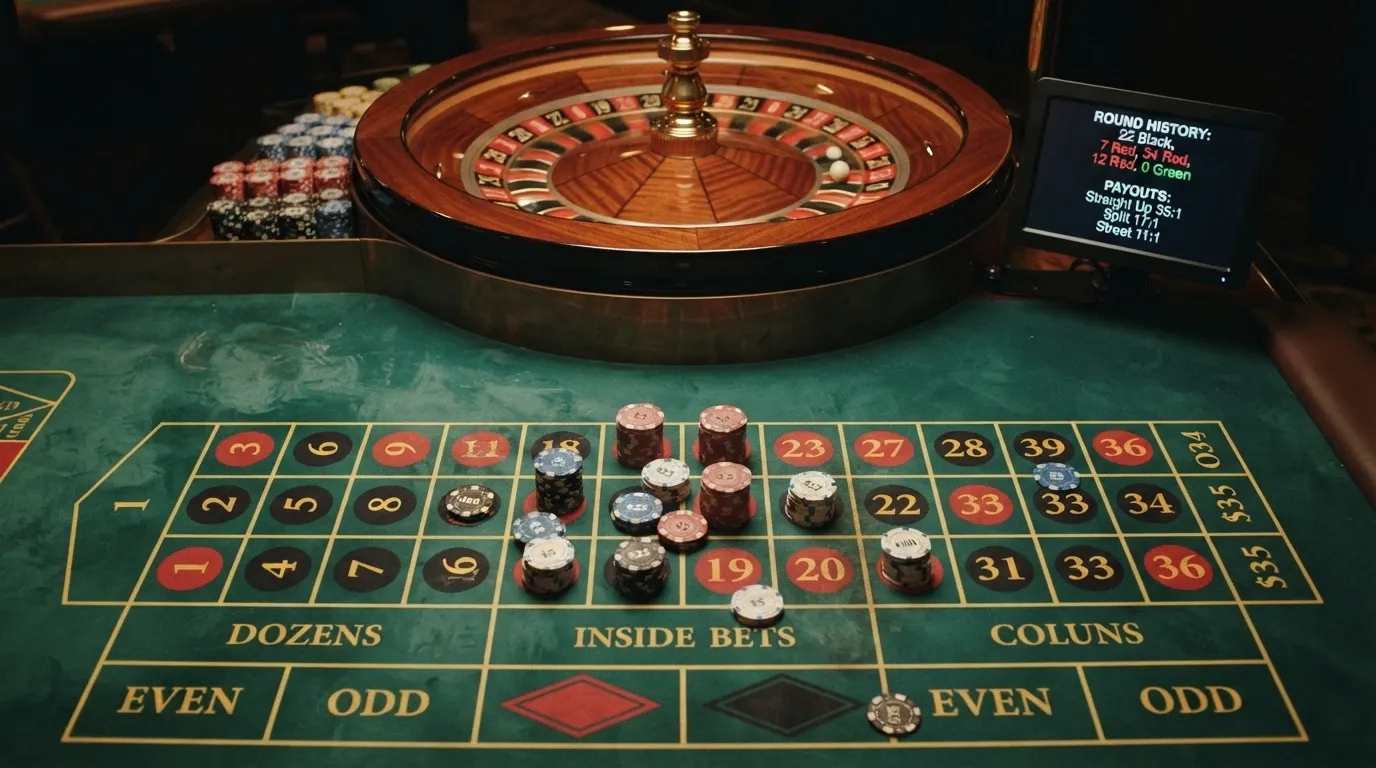 Mesa de ruleta en vivo con primer plano del tablero iluminado y fichas de colores, mostrando la interfaz de apuestas en pantalla