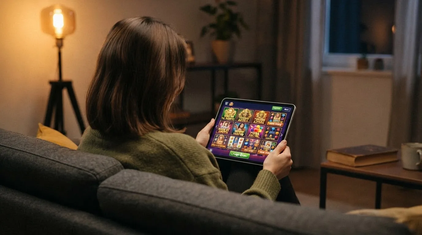 Jugador consultando el modo demo de un casino online desde una tableta en un entorno doméstico tranquilo