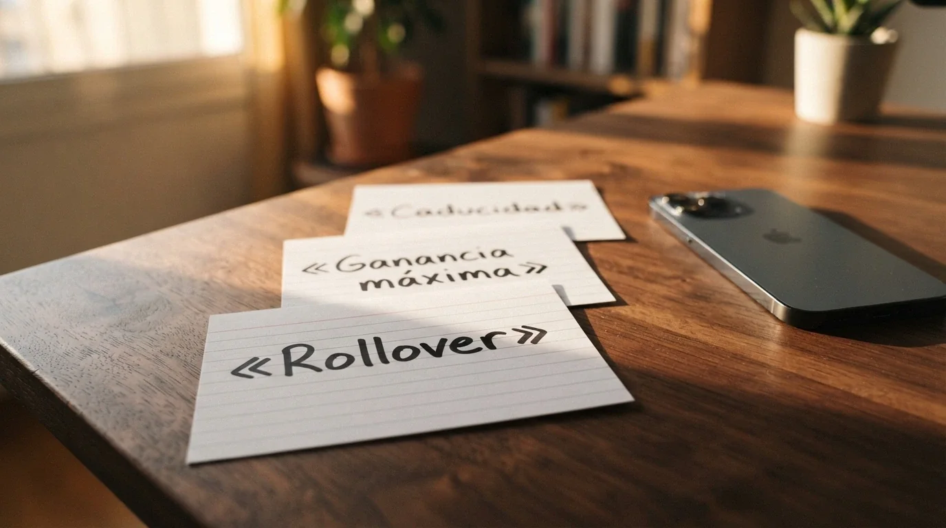 Primer plano de tres tarjetas sobre una mesa con los conceptos «rollover», «ganancia máxima» y «caducidad» escritos, junto a un móvil apagado