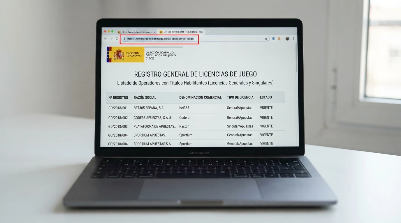 Un primer plano de una barra de direcciones mostrando un dominio .es y la página de consulta del registro DGOJ en otra pestaña
