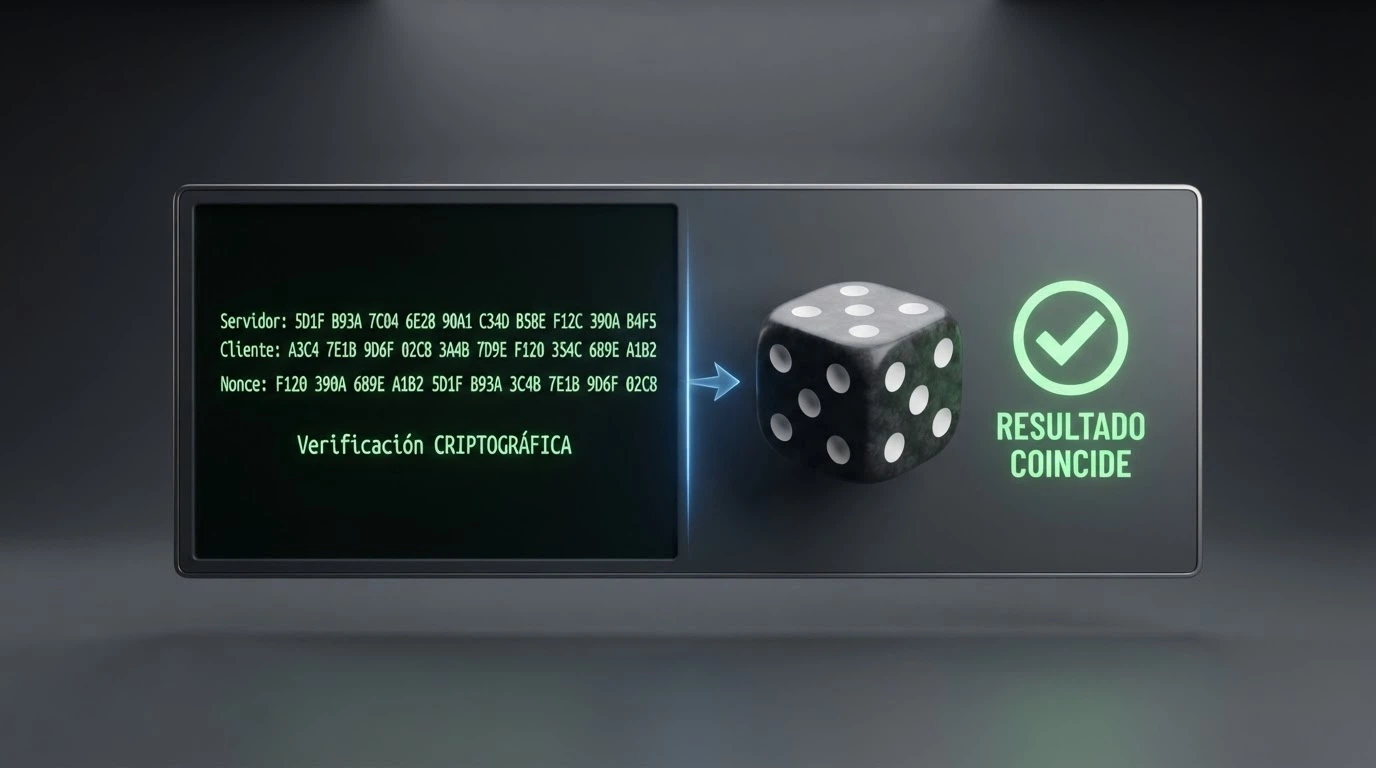 Una pantalla dividida: a la izquierda, tres hashes criptográficos (servidor, cliente, nonce); a la derecha, el resultado de una ronda de Dice