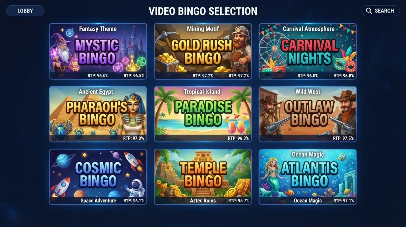Captura de varios títulos de video bingo en la pantalla de un casino .es, con sus carátulas, RTP visible y nombre del proveedor