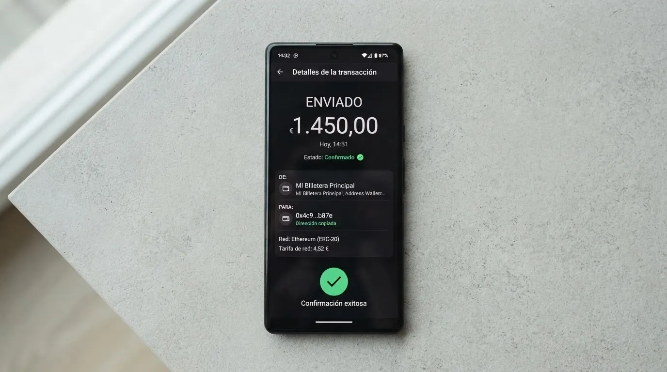 Pantalla de un monedero de criptomonedas mostrando una transacción de TRX saliente hacia una dirección de casino