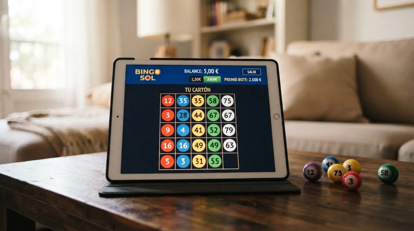 Interfaz de una sala de bingo online con el saldo de 5€ de bono activo visible en el panel del jugador